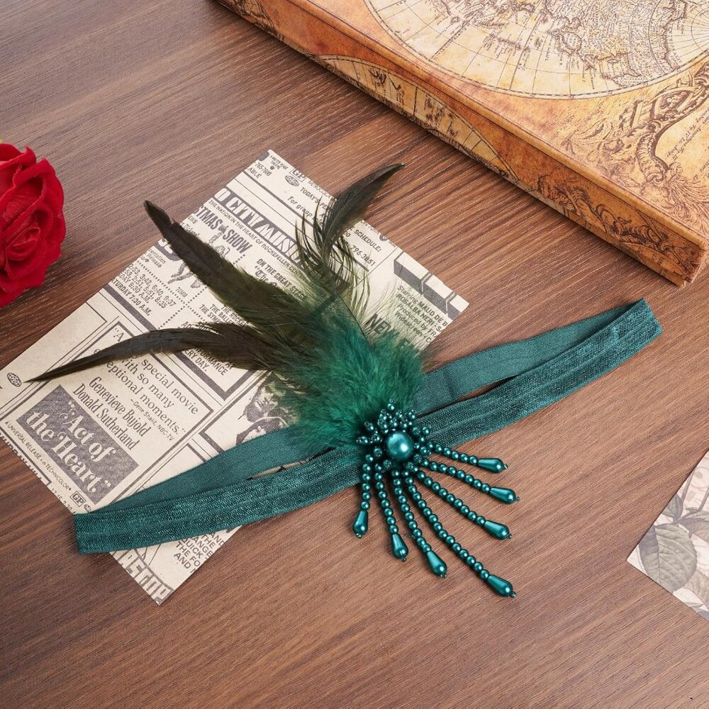 1 Pcs 1920s Flapper Headpiece Green Feather Headband Roaring 20s Gatsby Hair Acc - Picture 7 of 8
